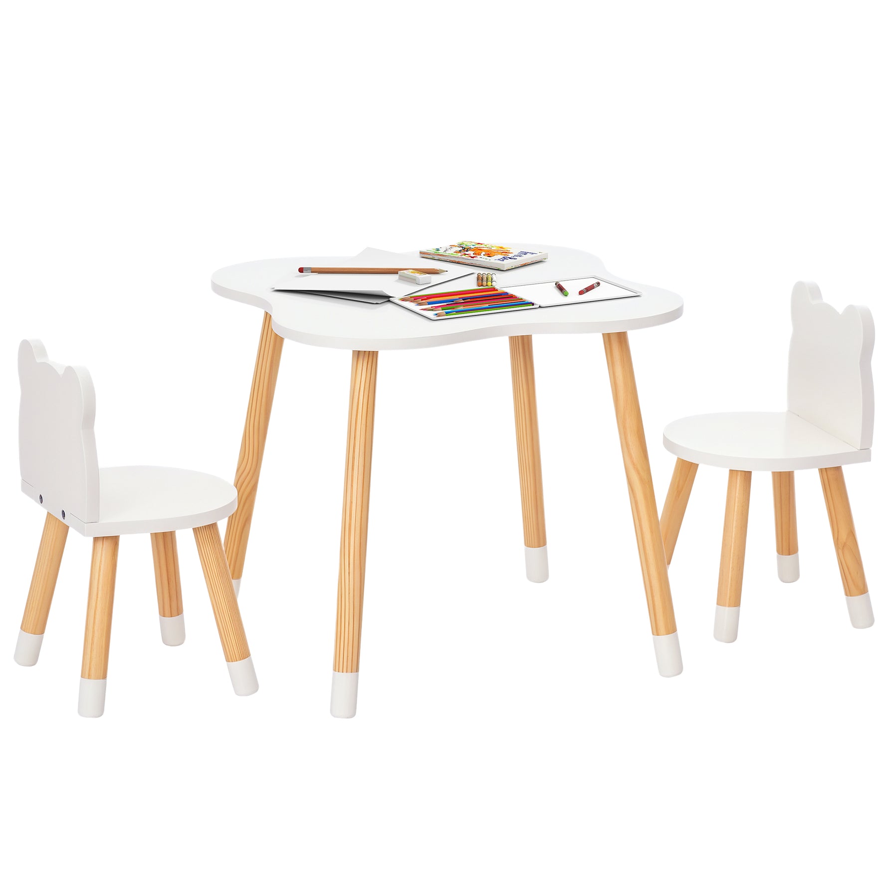Ensemble table et chaises enfant design scandinave motif ourson bois pin MDF blanc
