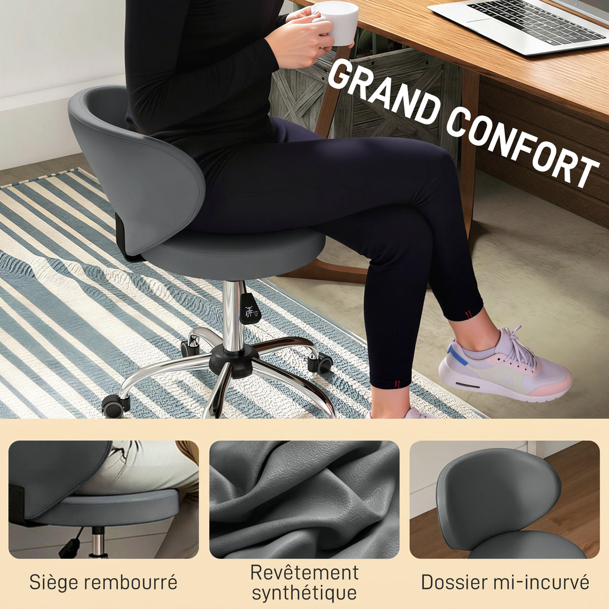 Taburete con ruedas, taburete de masaje de PU con altura ajustable de 73-88 cm y respaldo, giratorio 360°, gris