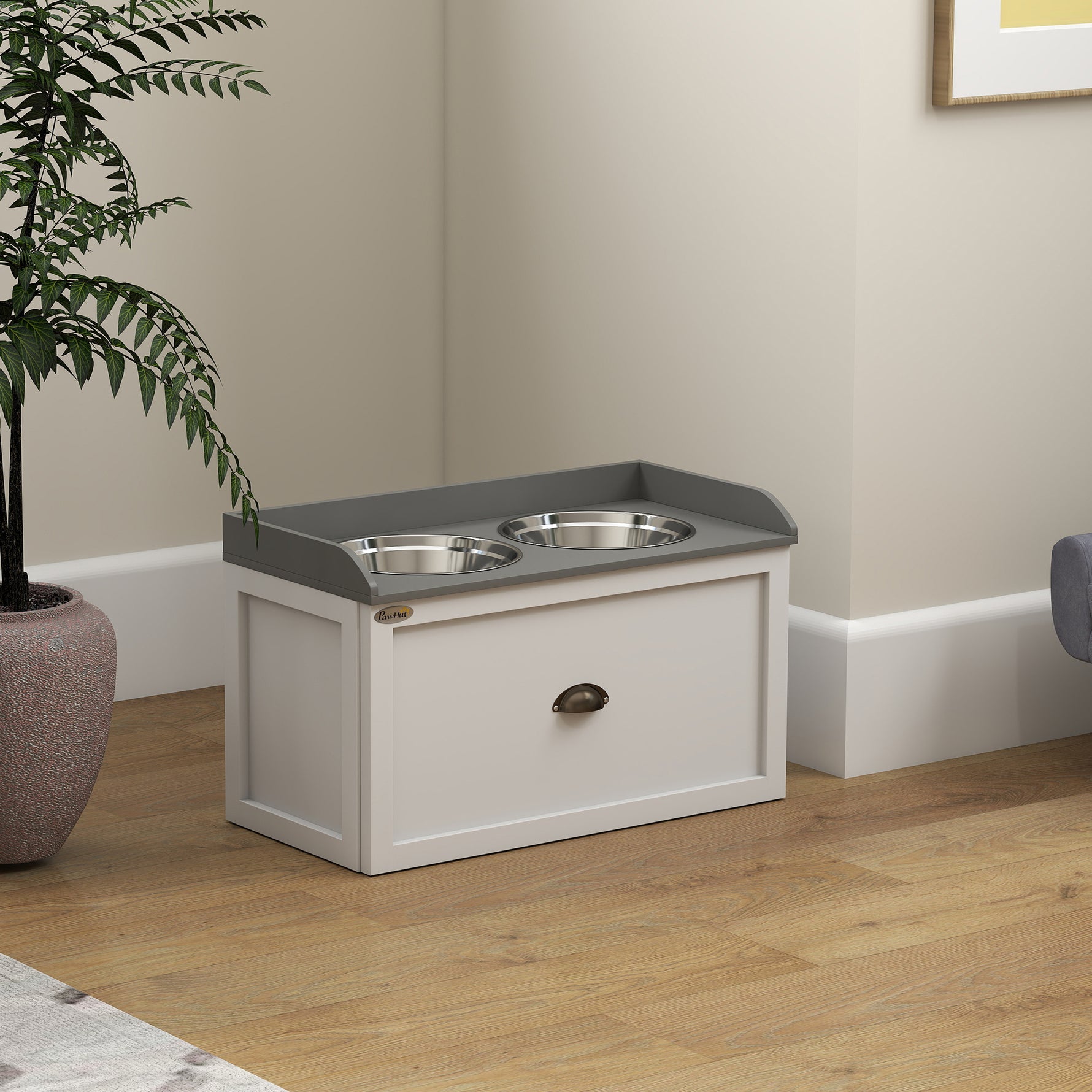 Gamelle double chien chat - porte-gamelles surélevé rangement 2 en 1 - tiroir, 2 gamelles - acier inox. MDF blanc gris