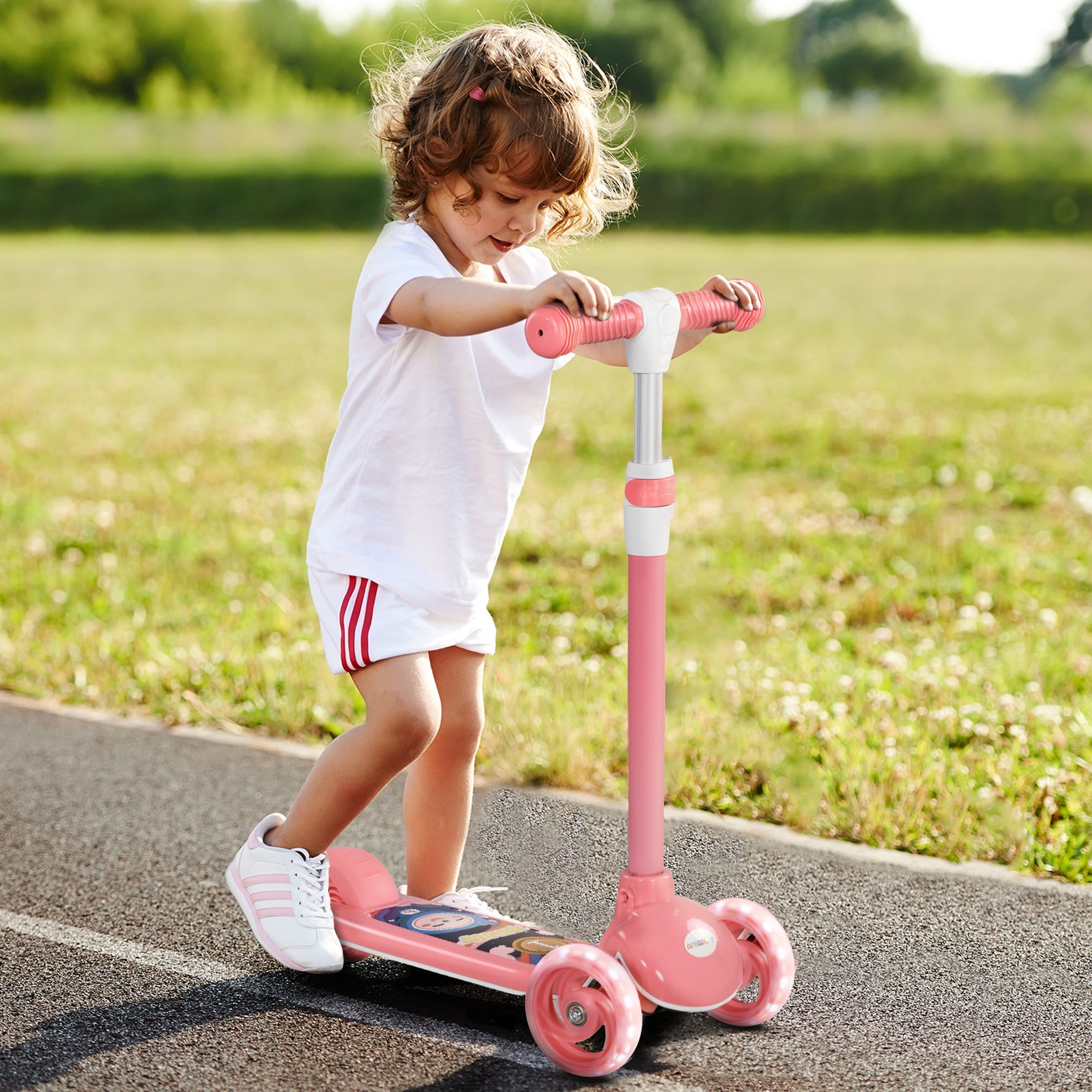 Trottinette enfant 3 Roues Lumineuses LED Hauteur Guidon réglable frein à Friction arrière de 2 à 6 ans Rose