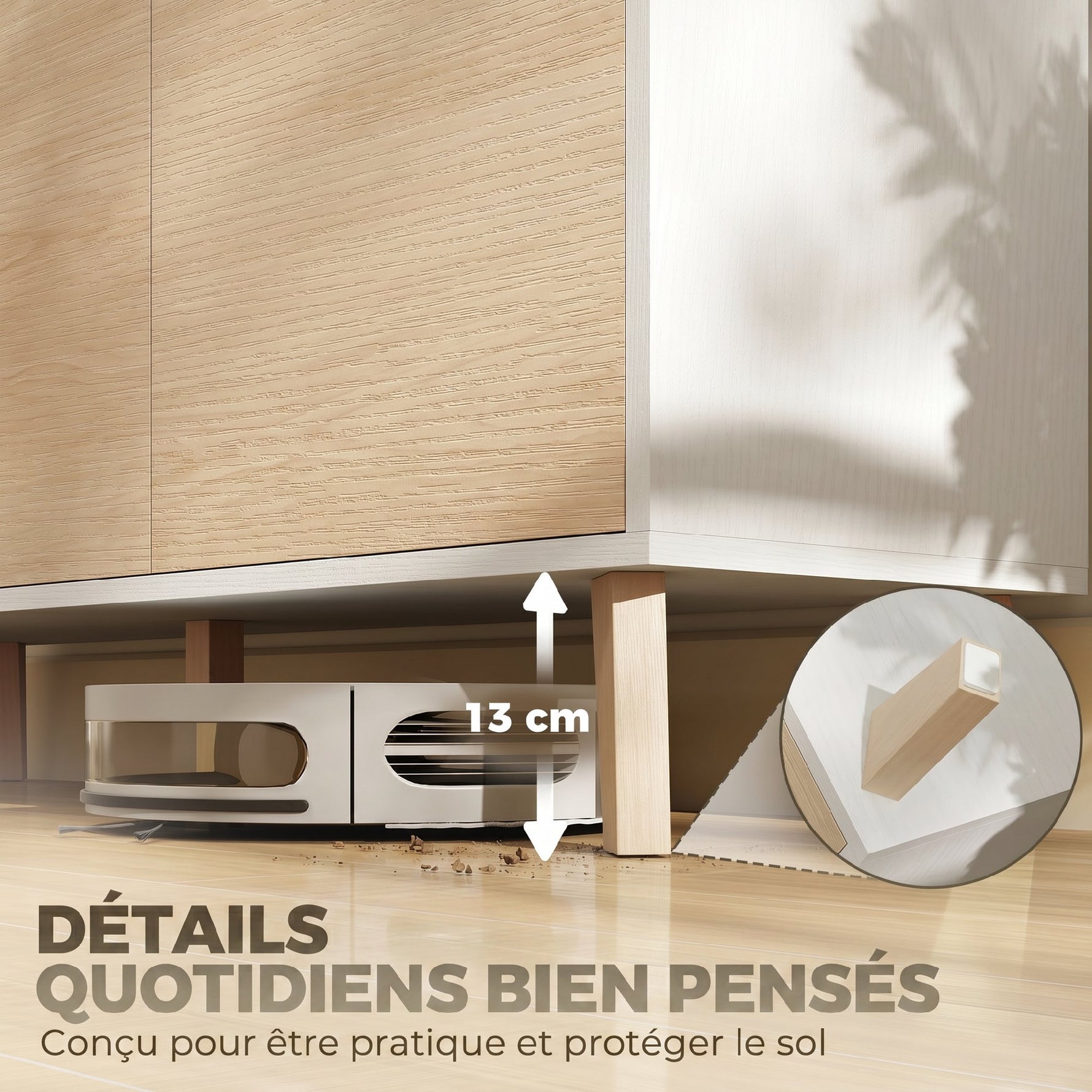 Buffet cuisine, meuble de rangement nordique, 3 portes à fermeture douce, 6 compartiments, bois naturel et blanc