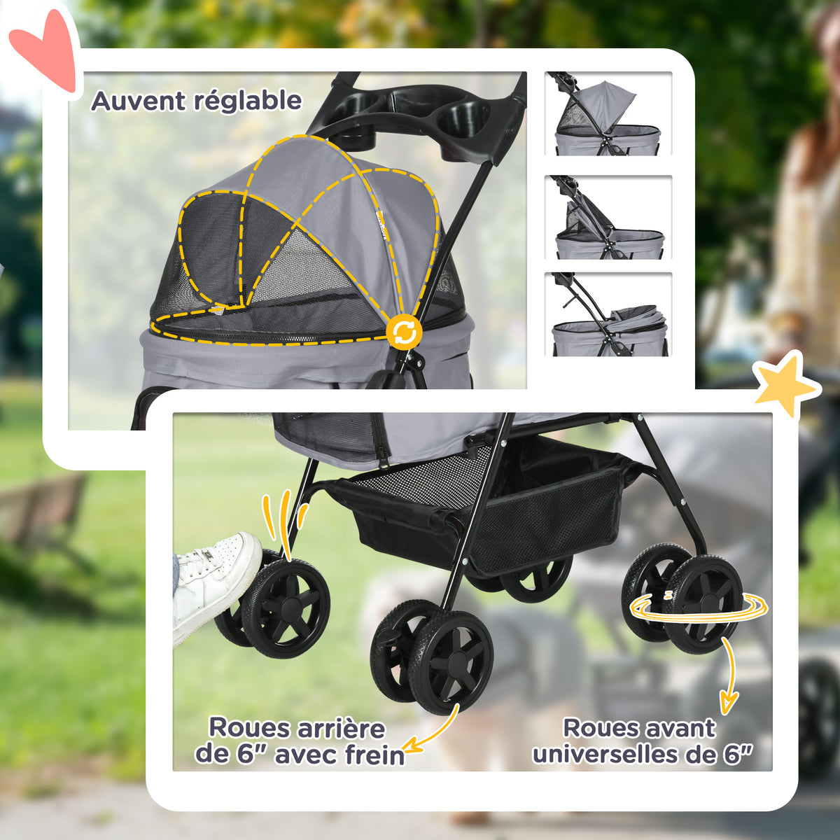 Poussette pour chien et chat pliable, 4 roues avec freins, tissu Oxford 300D imperméable, panier de rangement, gris