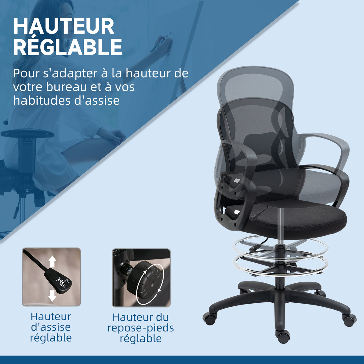 Chaise de bureau assise haute fauteuil de bureau en maille hauteur réglable pivotant avec repose-pied noir