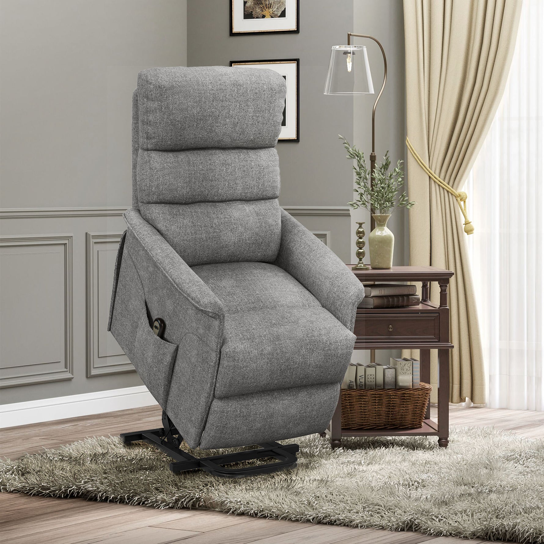 Fauteuil releveur électrique avec repose-pied dossier inclinable télécommande et pochette gris-1
