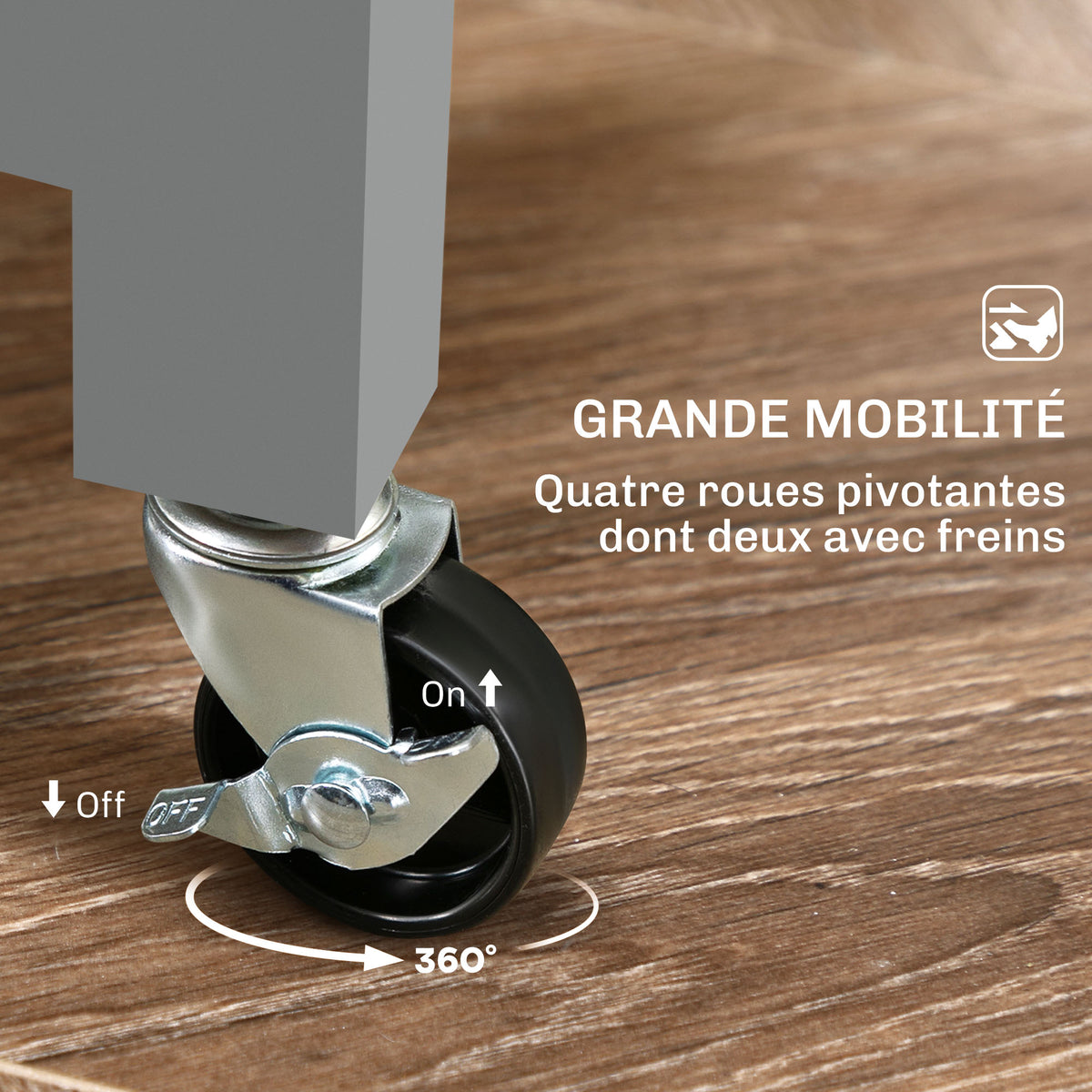 Chariot desserte de cuisine à roulettes plan de travail en bois 3 tiroirs et 1 plateau amovible 67 x 37 x 85,5 cm gris