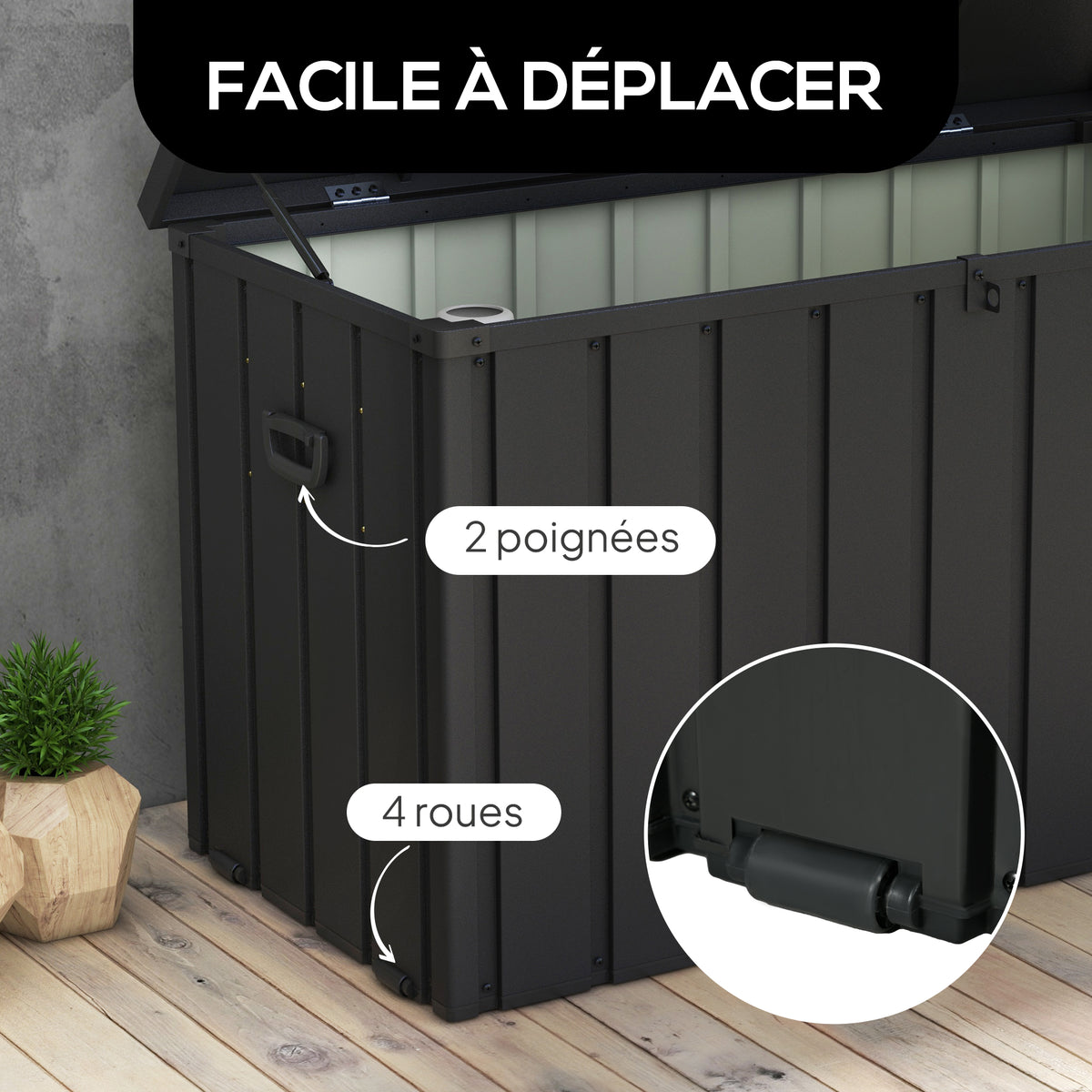Coffre de rangement pour jardin 450L en métal avec vérin à gaz, roulettes et poignée - dim. 125,5L x 61,5l x 70H cm