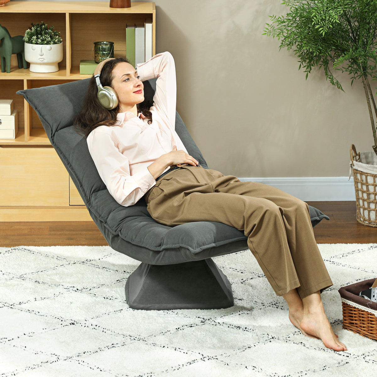 360° swivel floor chair, foldable velvet armchair with 5-position adjustable backrest, 70x62x95cm, dark gray