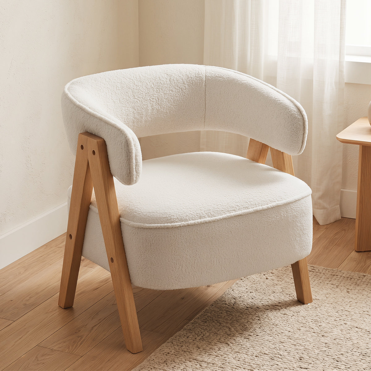 Sillón de salón de tela de borreguito, silla acolchada, asiento amplio, respaldo ergonómico, 70 x 64 x 71 cm, blanco