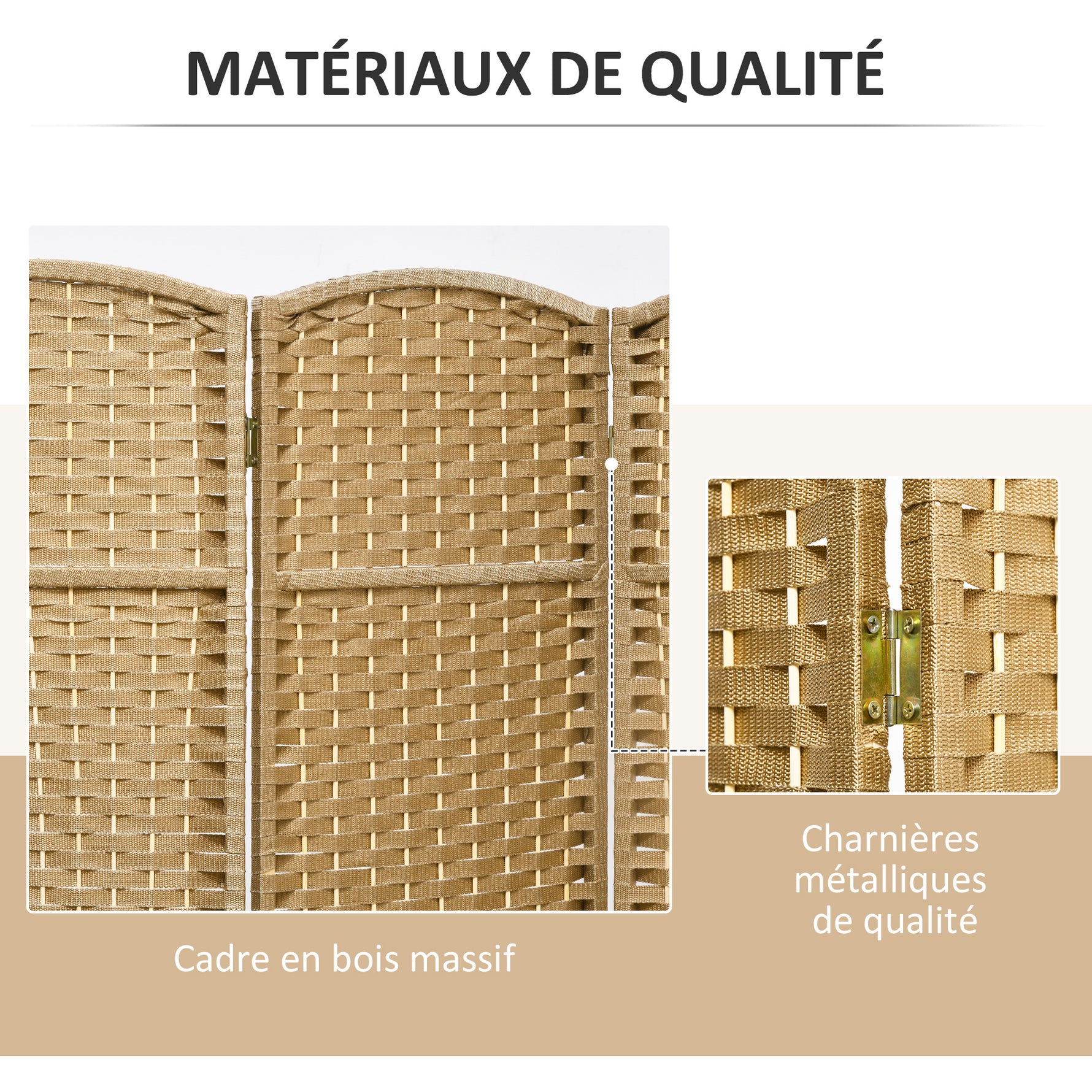 Paravent interieur en bois 4 panneaux 160 x 170 cm séparateur de pièce pliable pour salon, chambre à coucher, naturel