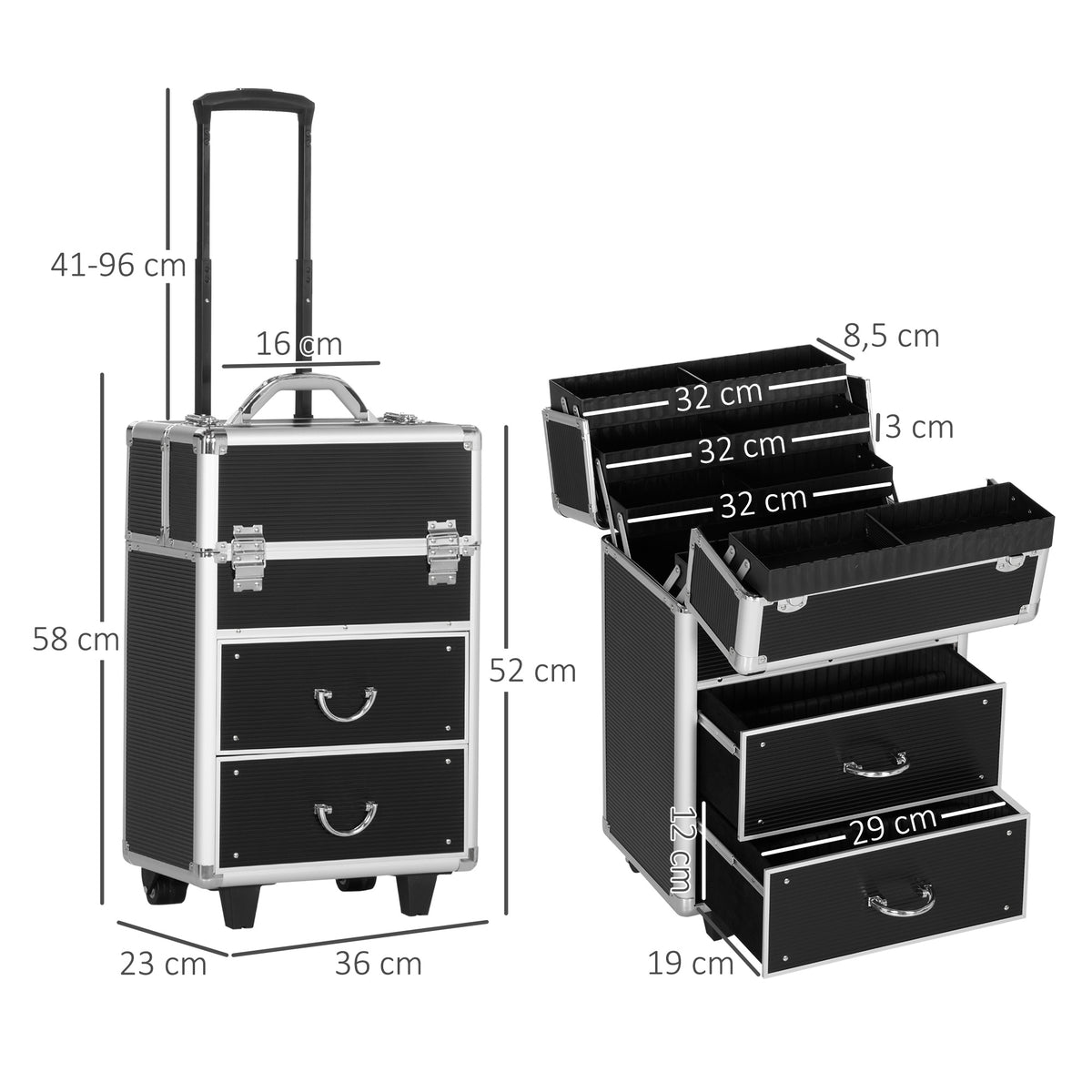Valise trolley maquillage mallette cosmétique vanity poignée télescopique réglable 36L x 23l x 58H cm alu ABS noir