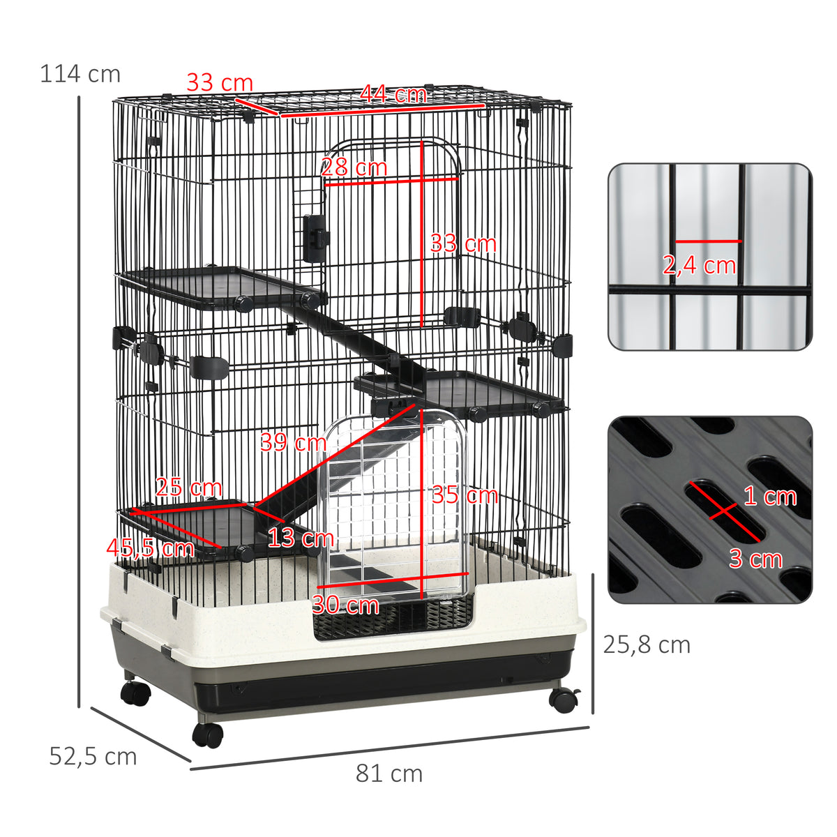 Cage pour petits animaux roulante 3 plates-formes démontables 3 rampes plateau inférieur amovible métal PP 81,2 x 52,7 x 114 cm noir