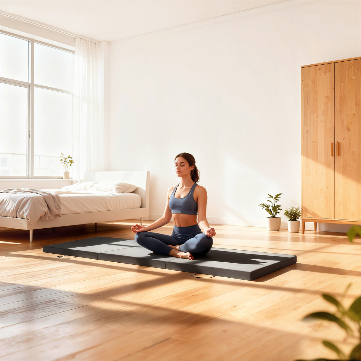 Tapis de gymnastique yoga pilates fitness pliable en 3 panneaux avec poignées revêtement synthétique 180 x 60 x 5cm gris