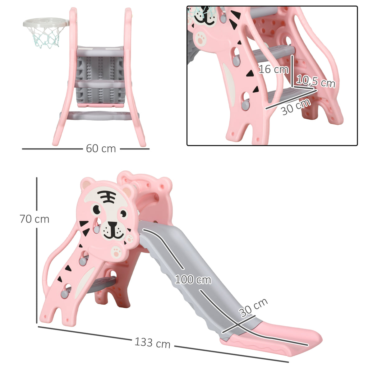 Toboggan pour enfants, toboggan intérieur pour enfants, avec panier de basket, thème tigre, de 18 à 36 mois, rose