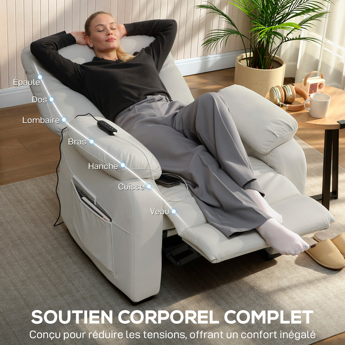 Fauteuil relax électrique fauteuil inclinable port USB repose-pieds poches latérales télécommande 96x90x103cm crème