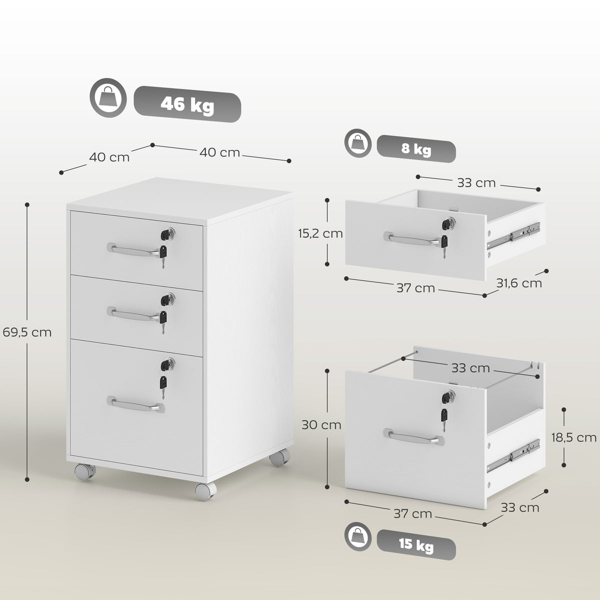 Caisson de Bureau Mobile avec 3 Tiroirs Verrouillables, Caisson de Rangement sur Roulettes, 40 x 40 x 69,5 cm, Blanc