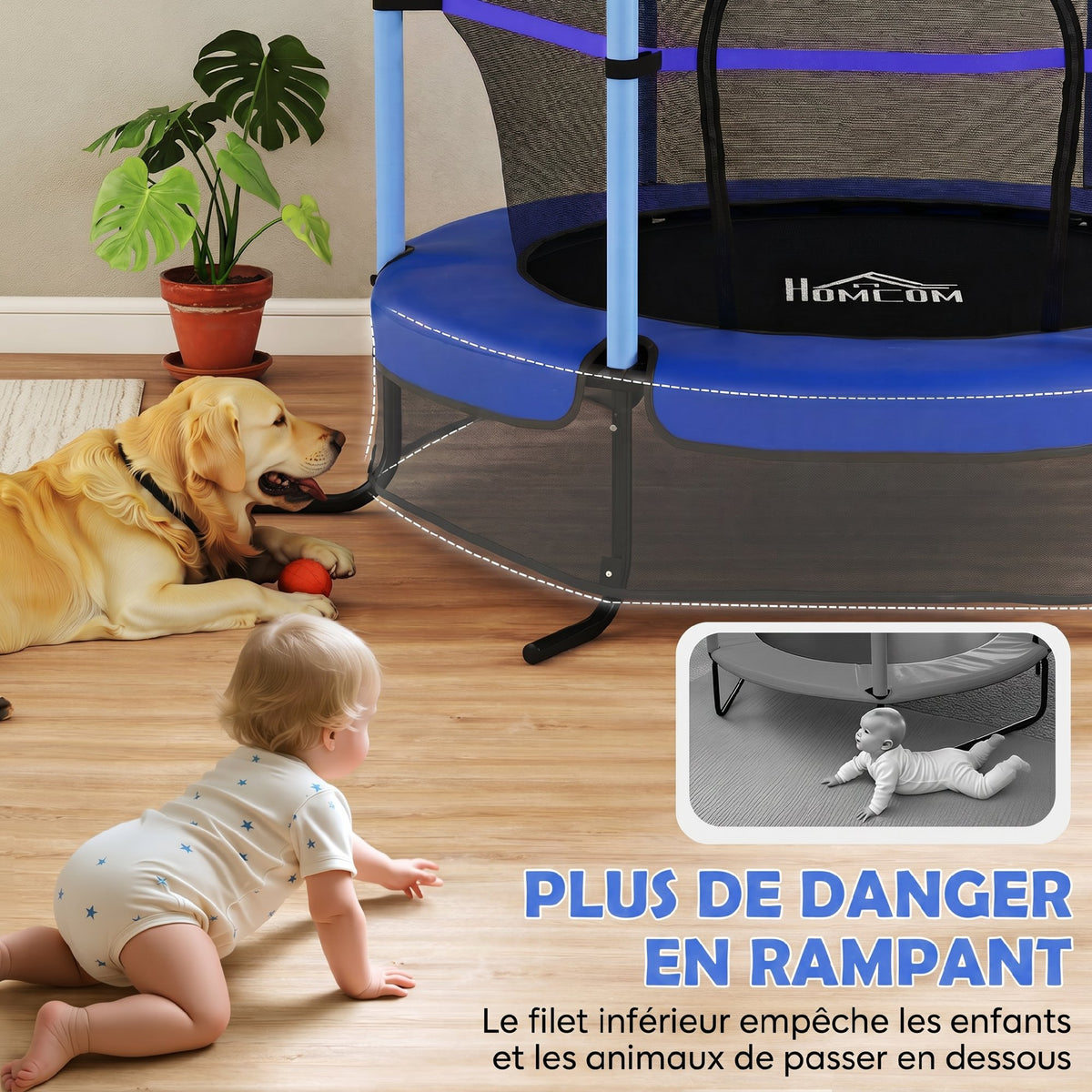 Trampoline Enfant Ø 1,63 × 1,9H m Filet de sécurité Porte zipée Couvre-Ressorts 6 poteaux rembourrés Inclus Bleu