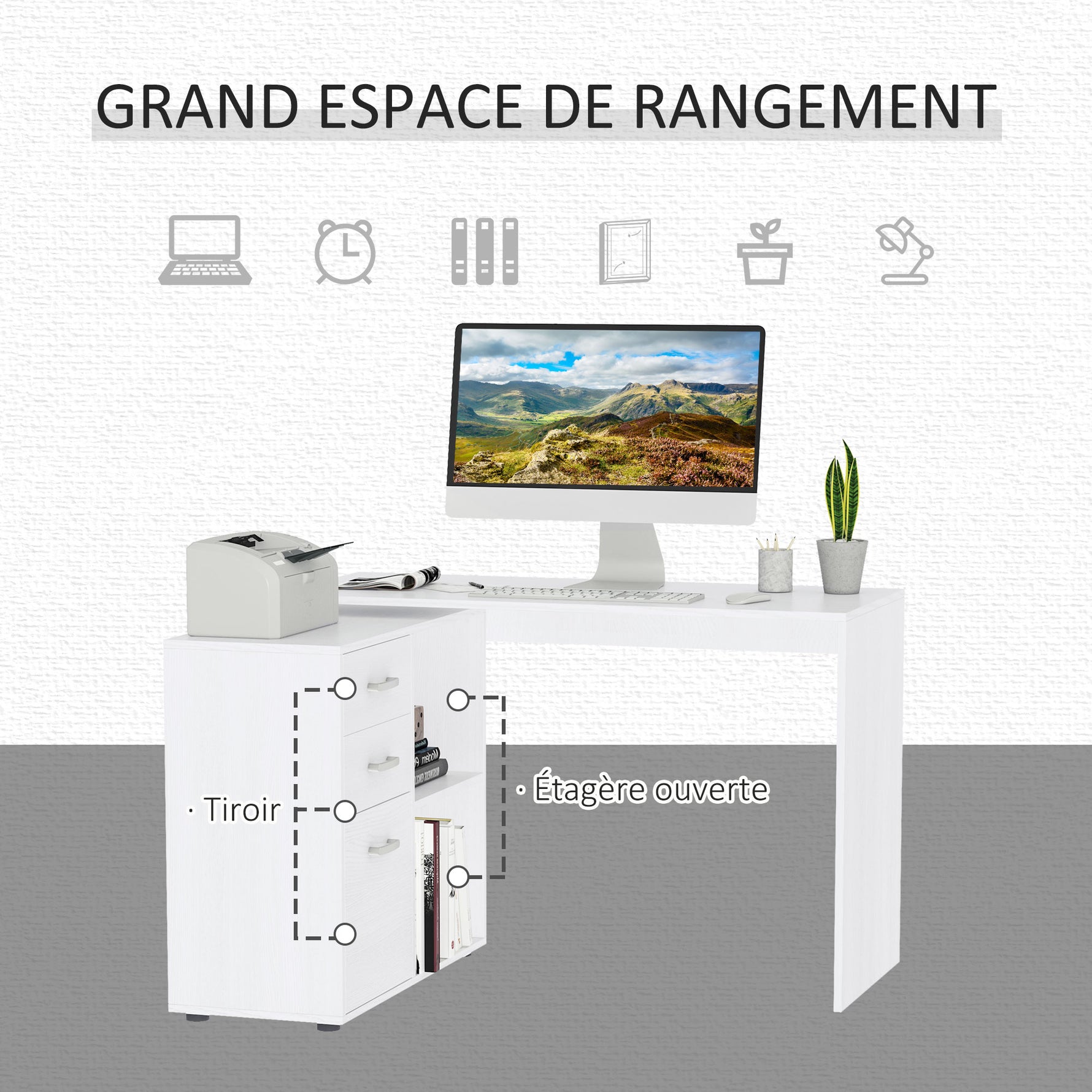 Bureau d'angle bureau droit modulable table de salle à manger 2 en 1 bureau informatique tiroirs x 3 + 2 niches