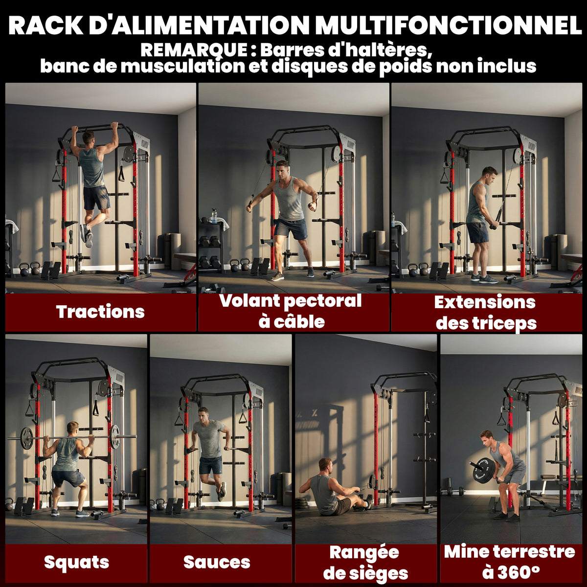 Power Rack per allenamento della forza 900 kg, doppia puleggia regolabile su 19 livelli, Home Gym completo, nero