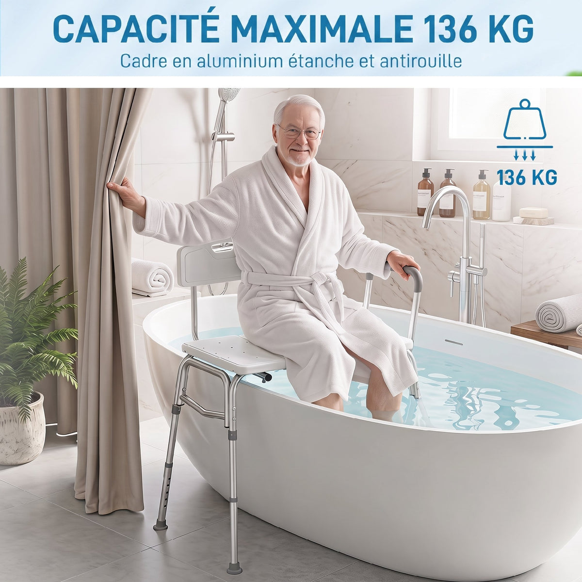 Banco de Transferencia para Bañera, Altura Ajustable en 10 Niveles, Asiento Ancho, Respaldo, Apoyabrazos, 86x60x89-101cm, Blanco