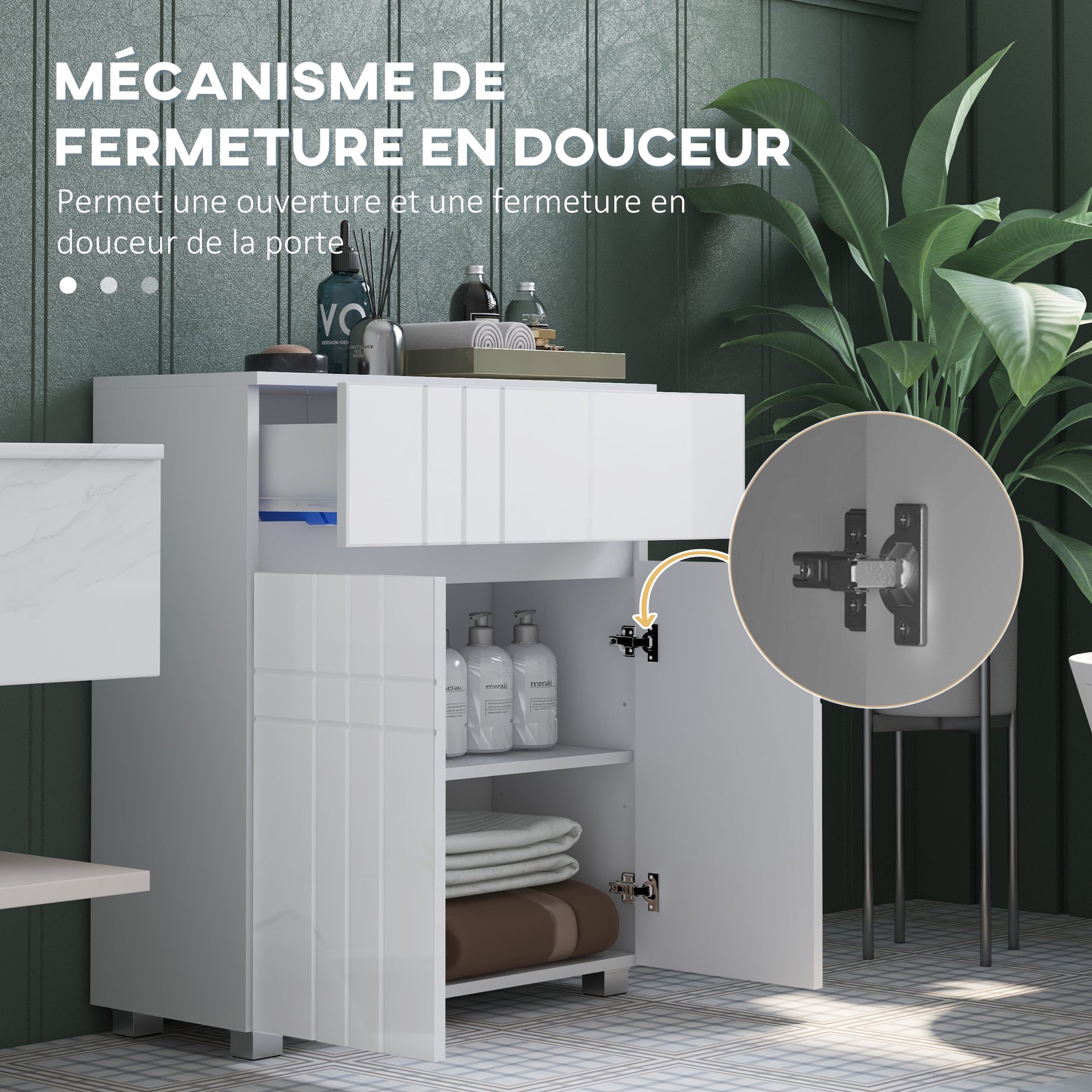 Meuble de rangement pour salle de bain sur pied placard 2 portes 1 tiroir, étagère régable, blanc laqué