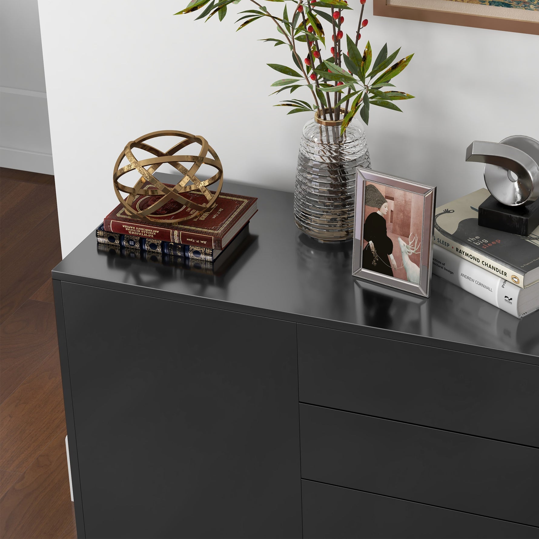 Commode Buffet Meuble de Rangement 2 tiroirs 2 Portes avec étagère 79 x 36 x 74 cm noir brillant