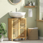 Meuble sous Lavabo en Bambou, Meuble de Salle de Bain avec 2 Portes Persiennes, Étagère Réglable, Bois Naturel