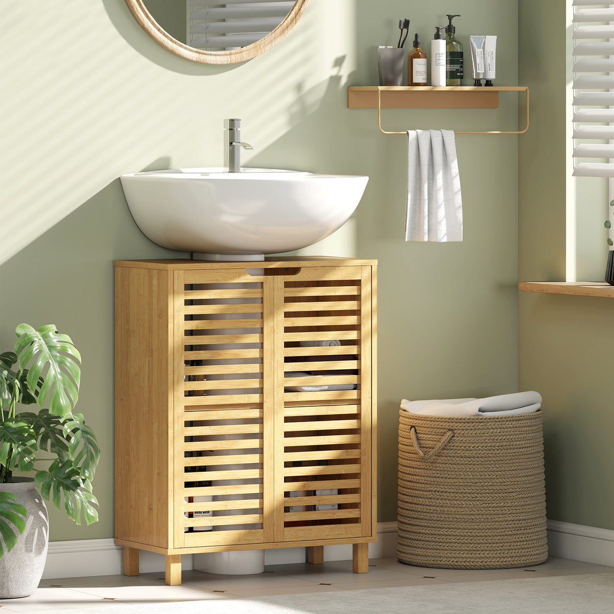 Meuble sous Lavabo en Bambou, Meuble de Salle de Bain avec 2 Portes Persiennes, Étagère Réglable, Bois Naturel