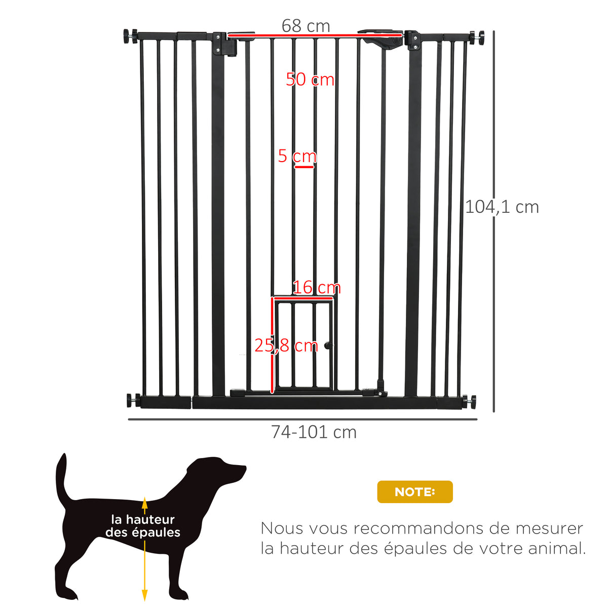 Barrière de sécurité animaux de 104,1H cm avec porte fermeture automatique système de double verrouillage noir
