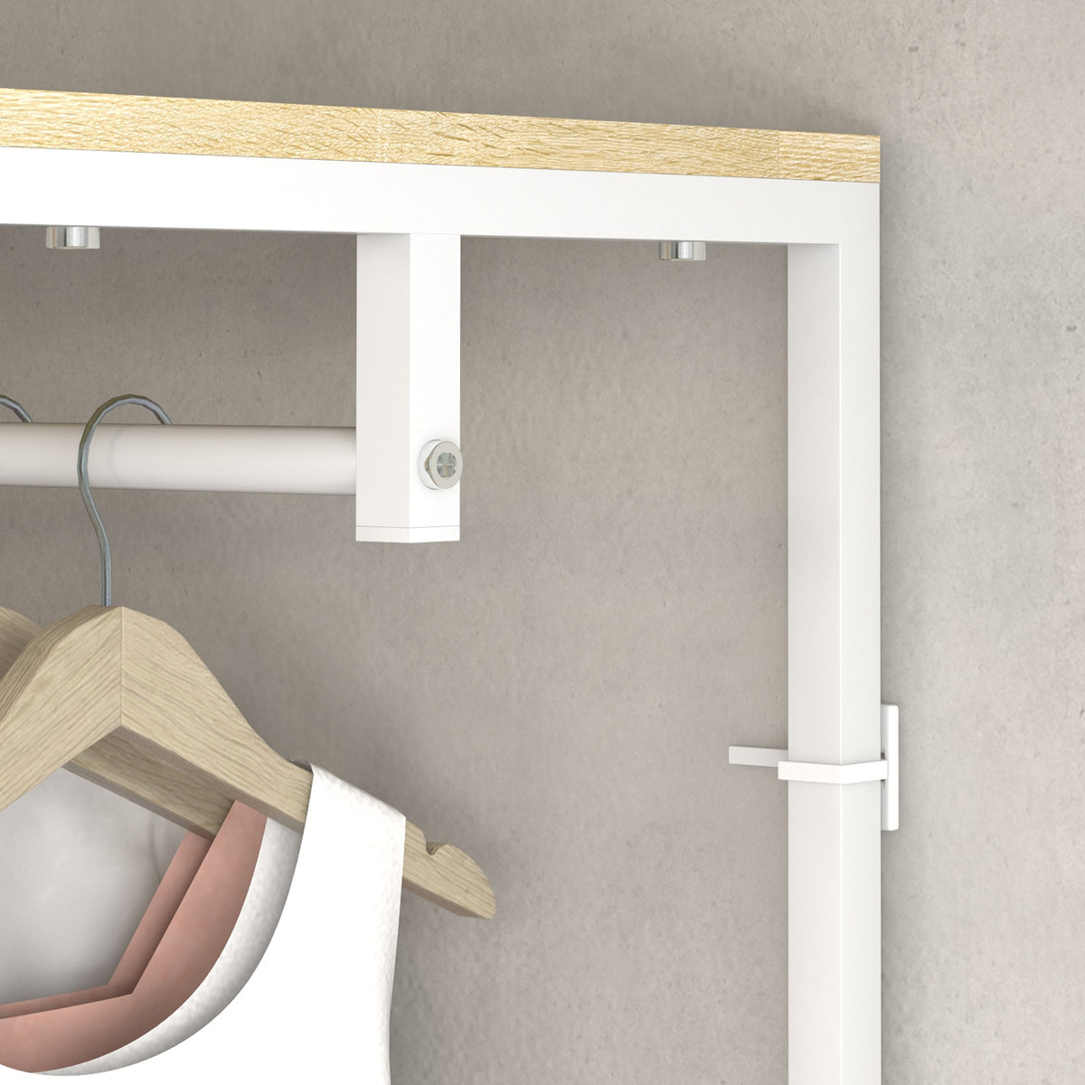 Coat rack with hanging rail and 2 shoe shelves 60L x 40W x 167.5H cm Light wood look White metal