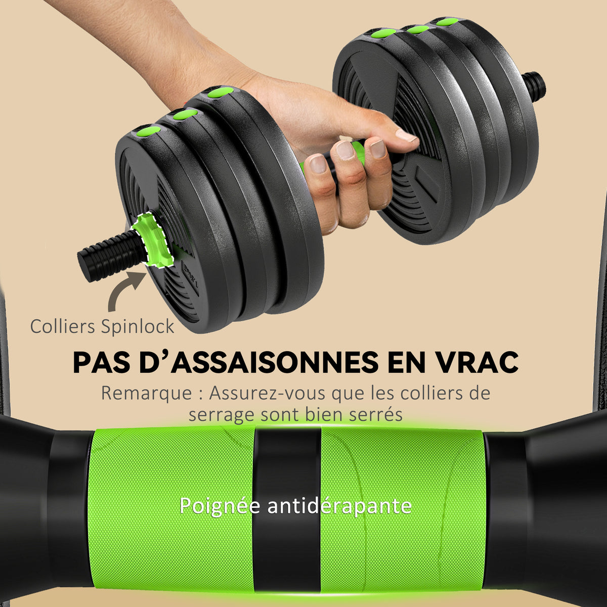 Kit haltères musculation haltères réglables 20 kg 3 en 1, ensemble de poids réglable avec barre d'extension noir