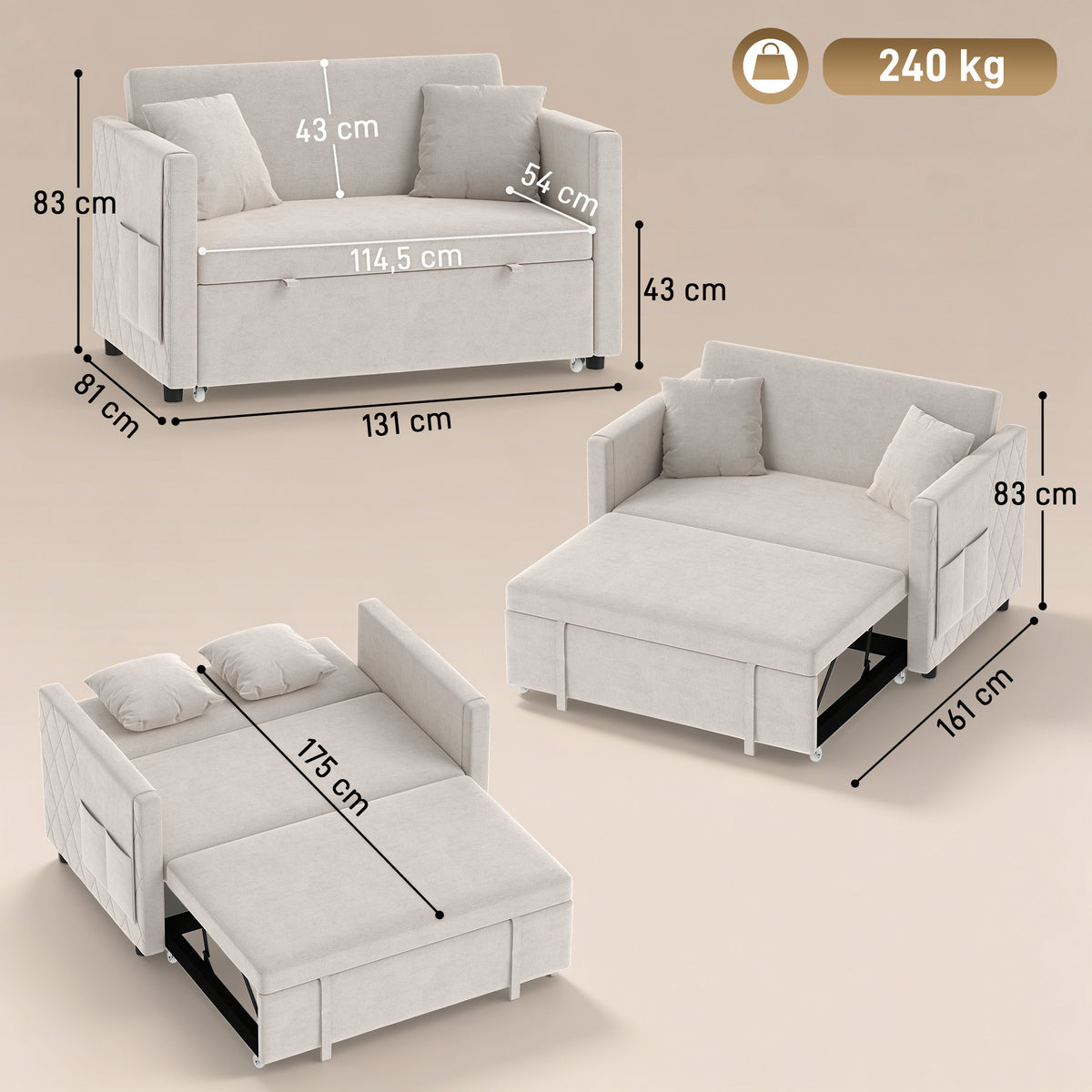 Canapé Convertible 2 Places 3 en 1, Canapé-Lit Clic Clac en Velours Hollandais, Dossier Réglable, 2 Oreillers, Beige