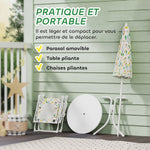 Ensemble salon de jardin extérieur enfant 4 pièces, motif éléphant et girafe, parasol réglable Ø 100 cm, chaise pliable