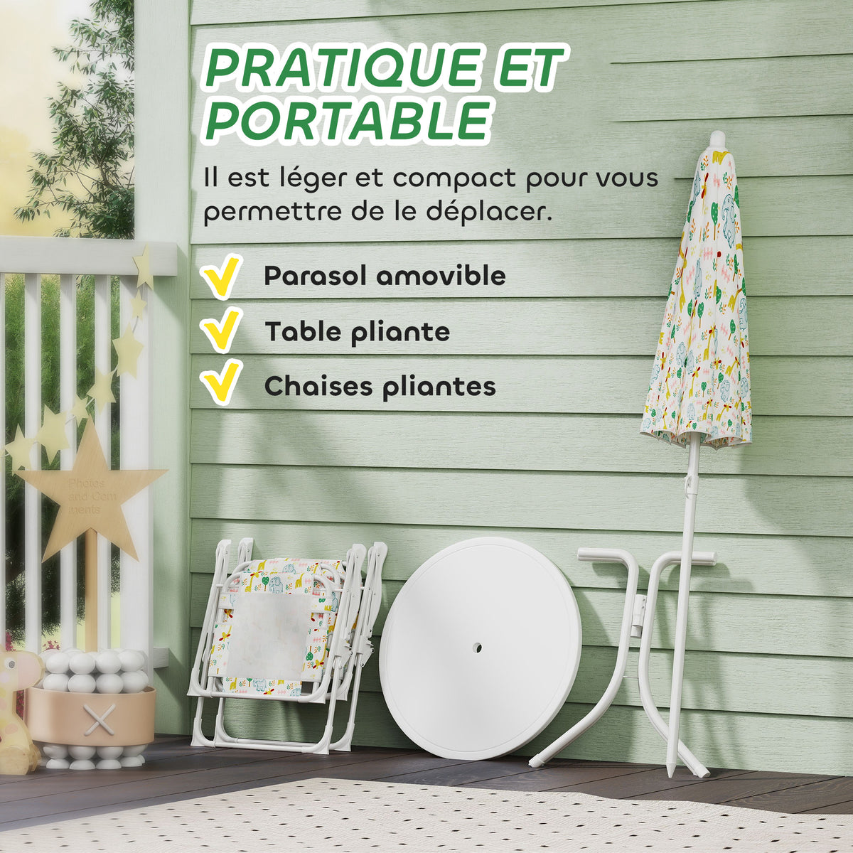 Ensemble salon de jardin extérieur enfant 4 pièces, motif éléphant et girafe, parasol réglable Ø 100 cm, chaise pliable