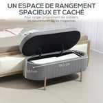 Banc de rangement, bout de lit en velours avec couvercle, pieds en métal, capacité 72 L, 107x42x45,5cm, gris