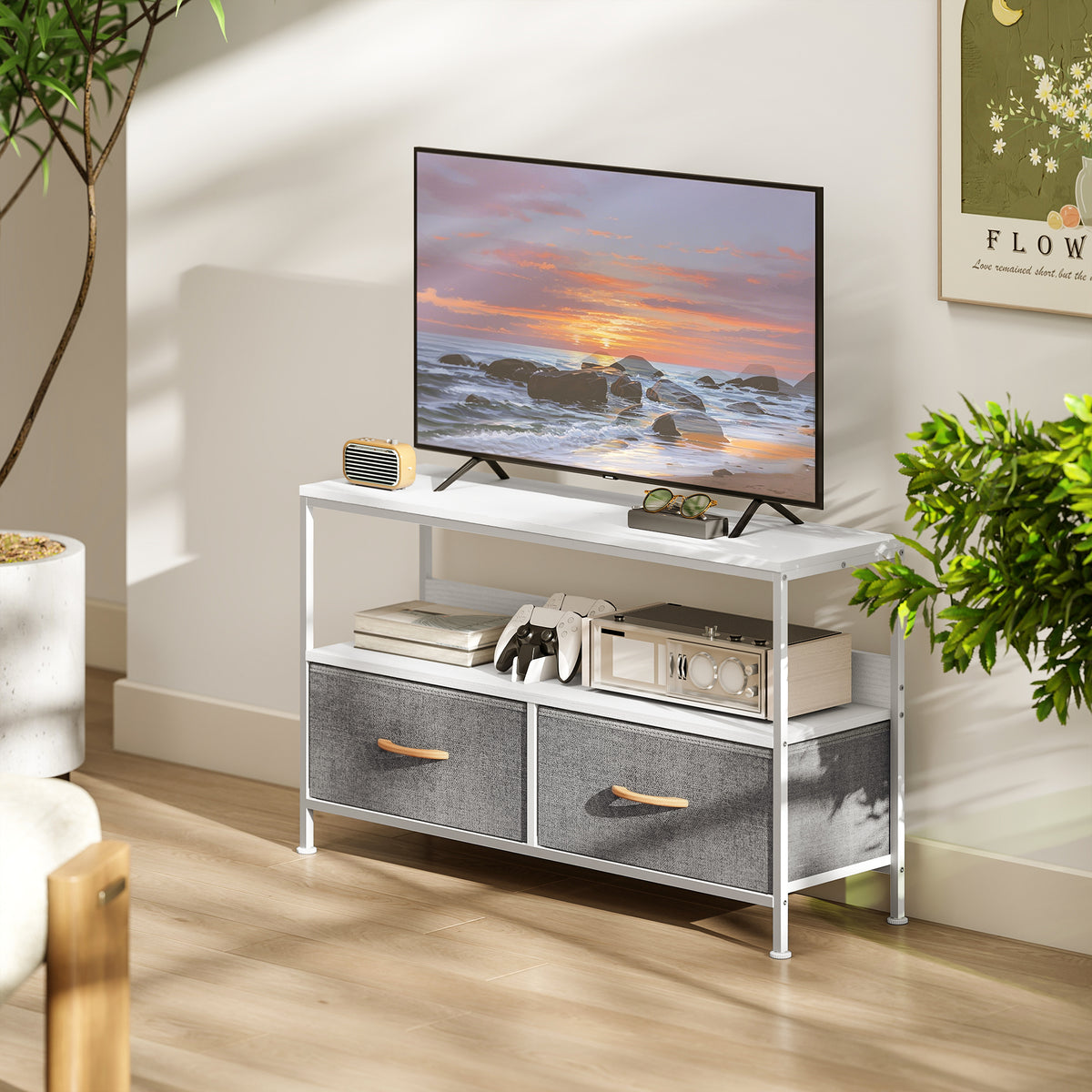 Meuble TV, meuble télé pour téléviseur jusqu'à 47 pouces avec 2 tiroirs et pieds en acier, 98 x 29 x 56 cm, gris clair