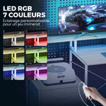 Bureau d'angle avec prises et lumières LED RGB, bureau d'ordinateur, 172 x 100 cm, support d'écran, 2 tiroirs, blanc