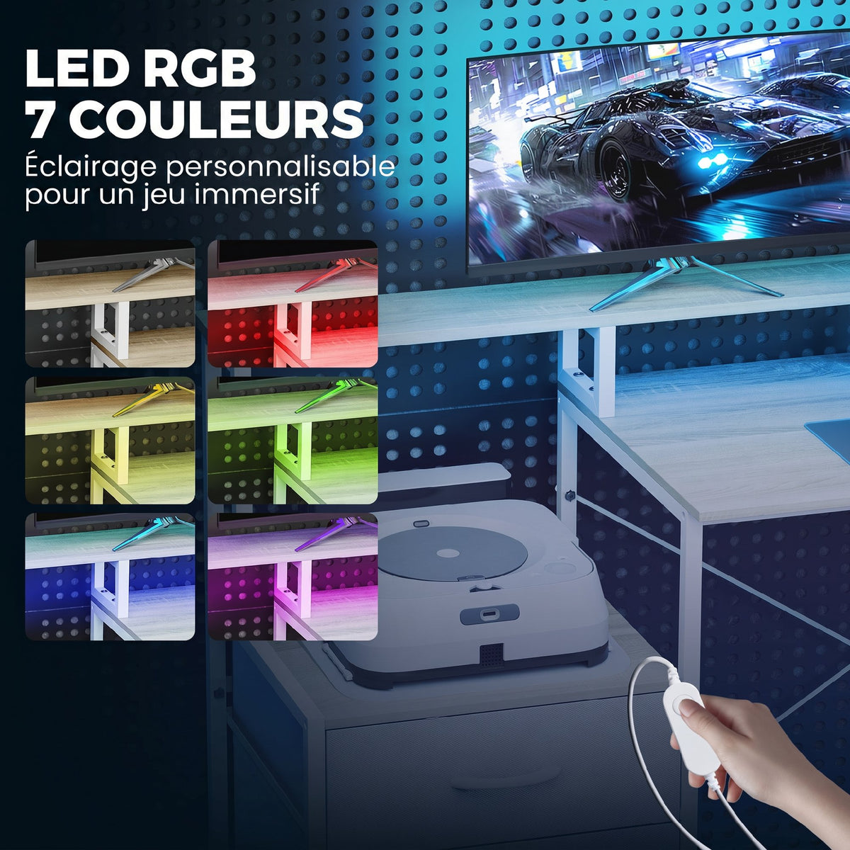 Bureau d'angle avec prises et lumières LED RGB, bureau d'ordinateur, 172 x 100 cm, support d'écran, 2 tiroirs, blanc