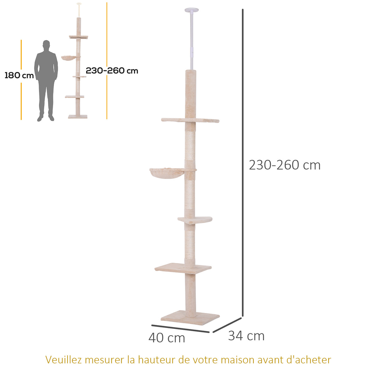 Deckenhoher Kratzbaum, Kratzstamm L 40 x B 34 x H 230-260 cm, 5 Aktivitätsebenen, beige