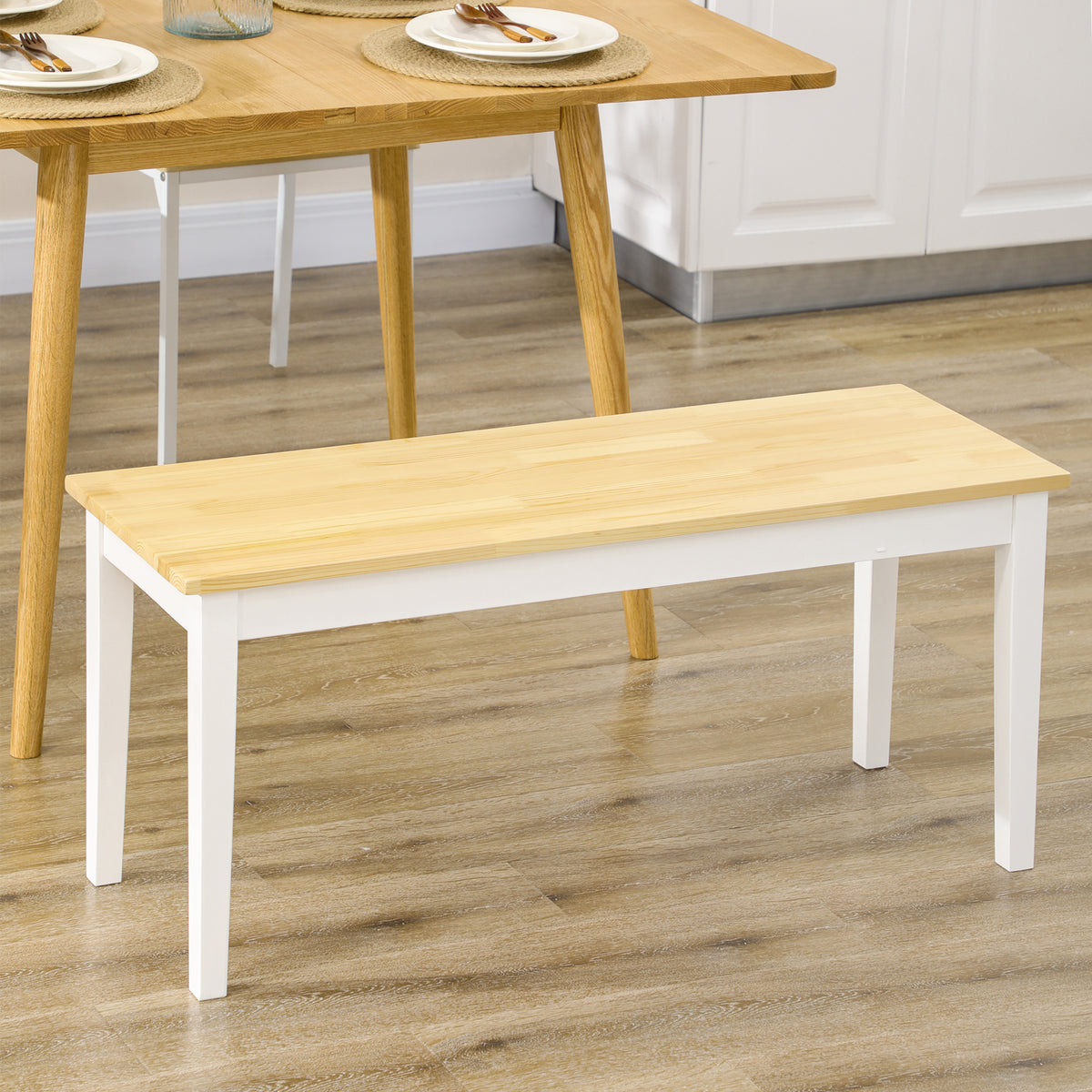 Banc en bois pour 2 personnes bicolore assise naturelle et piètement blanc 102 x 36 x 45 cm