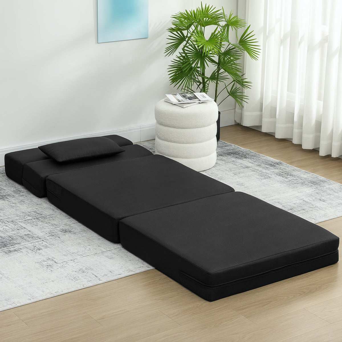 Convertible 1-seater armchair, folding bed chair, cushion included, for guests, living room, small space, 120 kg capacity, black