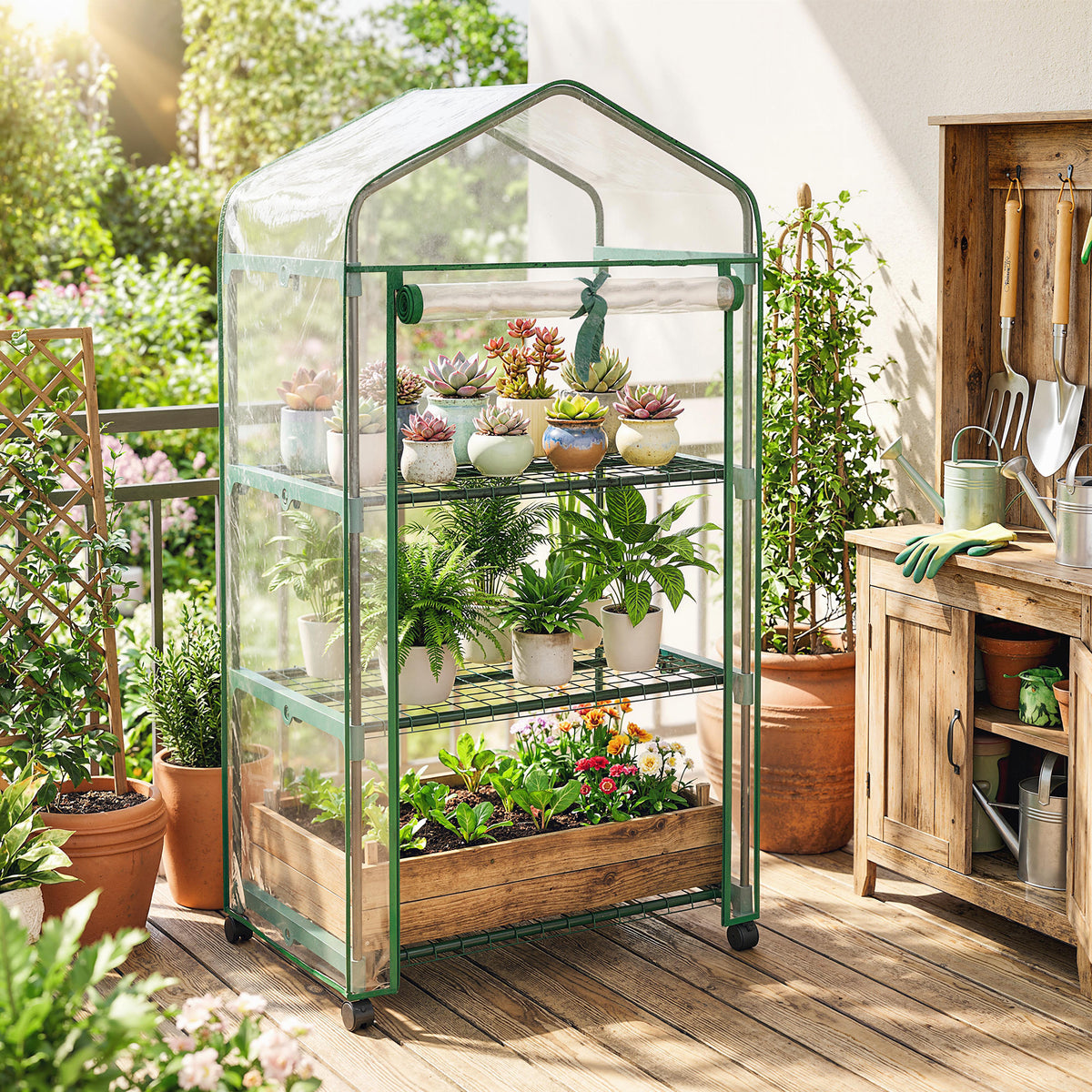 Mini serre de jardin avec 3 étagères, bâche PVC haute densité, porte enroulable 4 roulettes 69 x 49 x 130 cm transparent