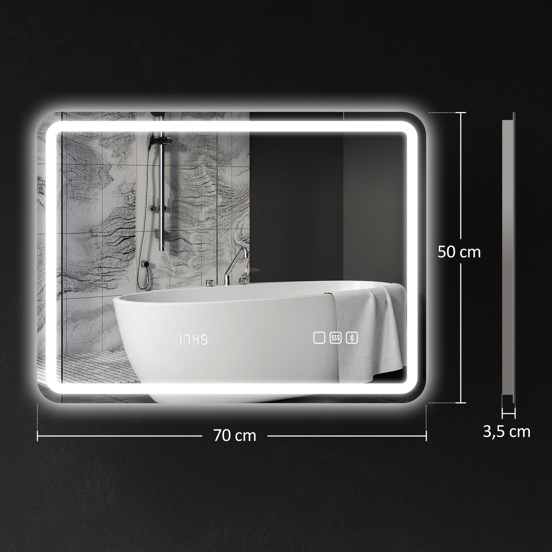 Miroir salle de bain Bluetooth avec éclairage LED 50 x 70 cm, miroir lumineux mural avec horloge, antibuée, argenté