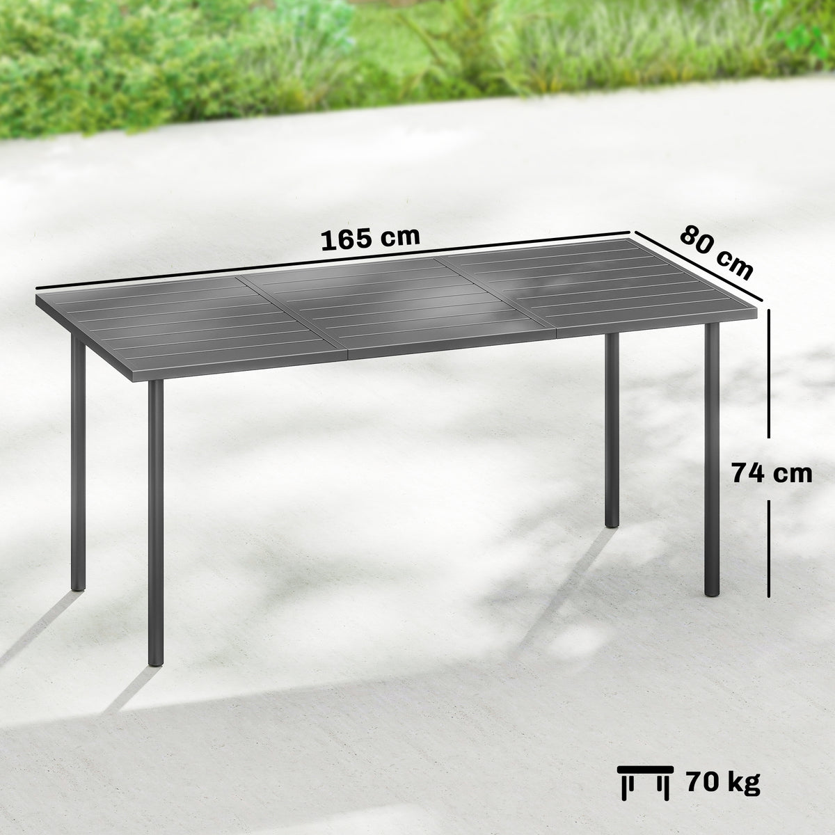 Table de jardin pour 6 personnes, 165 x 80 cm, table à manger extérieure rectangulaire avec plateau à lattes en métal