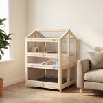 Cage Hamster 3 Étages en Bois avec Bac Amovible, Couvercle Ouvrant, Bascule, Cabane, Fenêtre, 68x61,5x90cm, Naturel