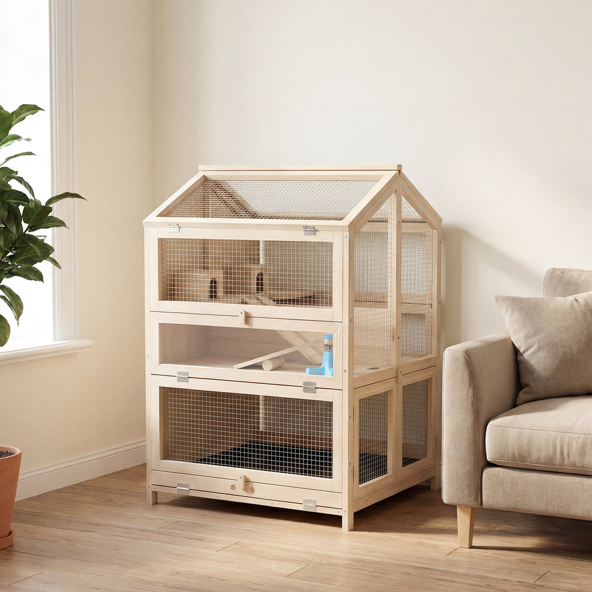 Cage Hamster 3 Étages en Bois avec Bac Amovible, Couvercle Ouvrant, Bascule, Cabane, Fenêtre, 68x61,5x90cm, Naturel