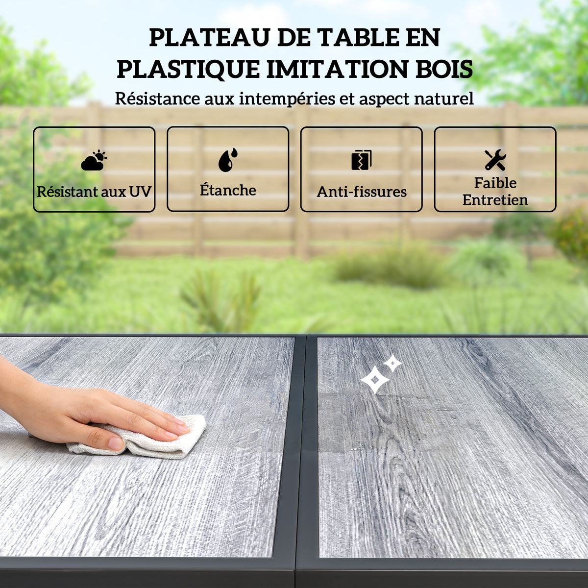 Salon de Jardin Extérieur pour 6 Personnes, Table de Patio Effet Bois et Chaises avec Assise en Maille Respirante, Cadre en Acier Galvanisé, Noir