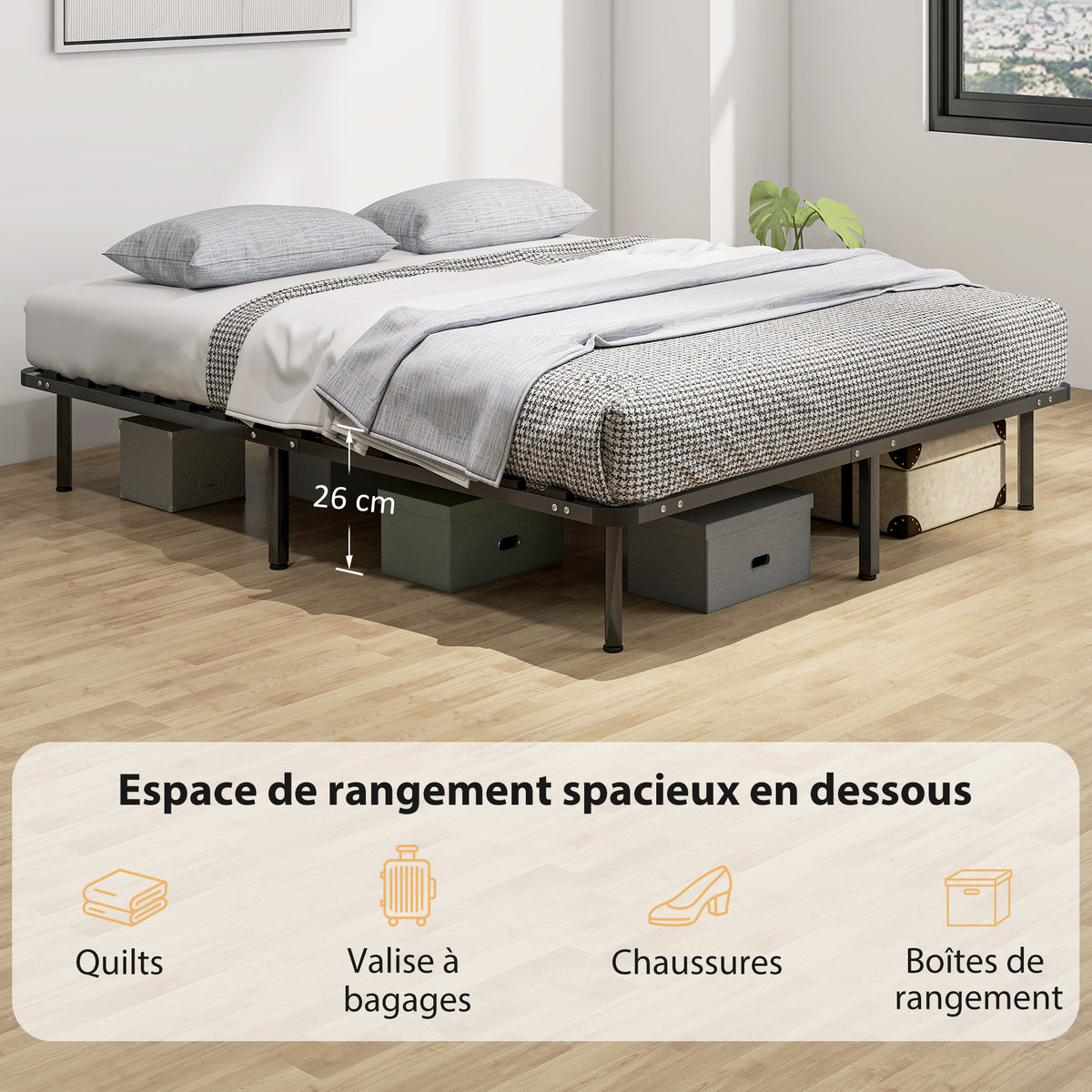 Bettrahmen 160 x 190 cm, Doppelbett aus Massivholz mit Lattenrost und Fußteil, Stauraum darunter, schwarz