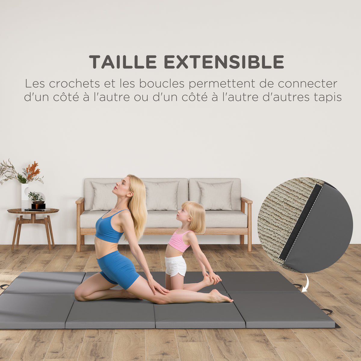 Tapis de gymnastique yoga pilates fitness pliable en 4 avec poignées revêtement synthétique 240 x 120 x 5 cm gris