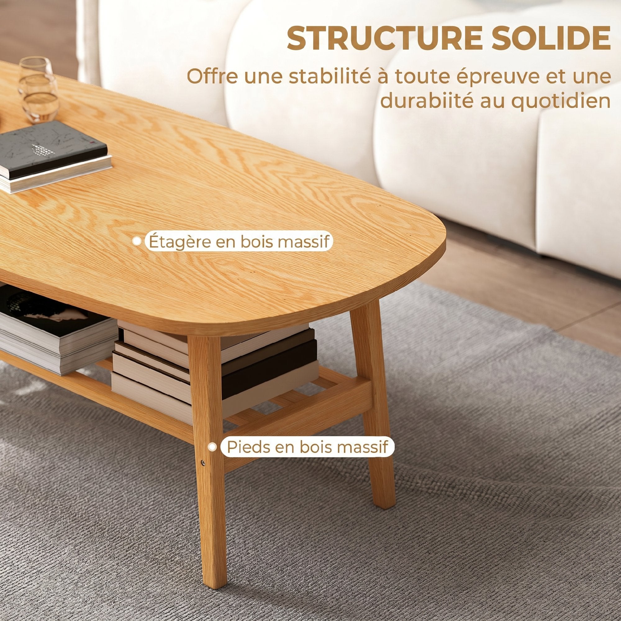 Salontafel met 2 niveaus, moderne salontafel met open onderste plank en poten van rubberhout, natuurlijk hout