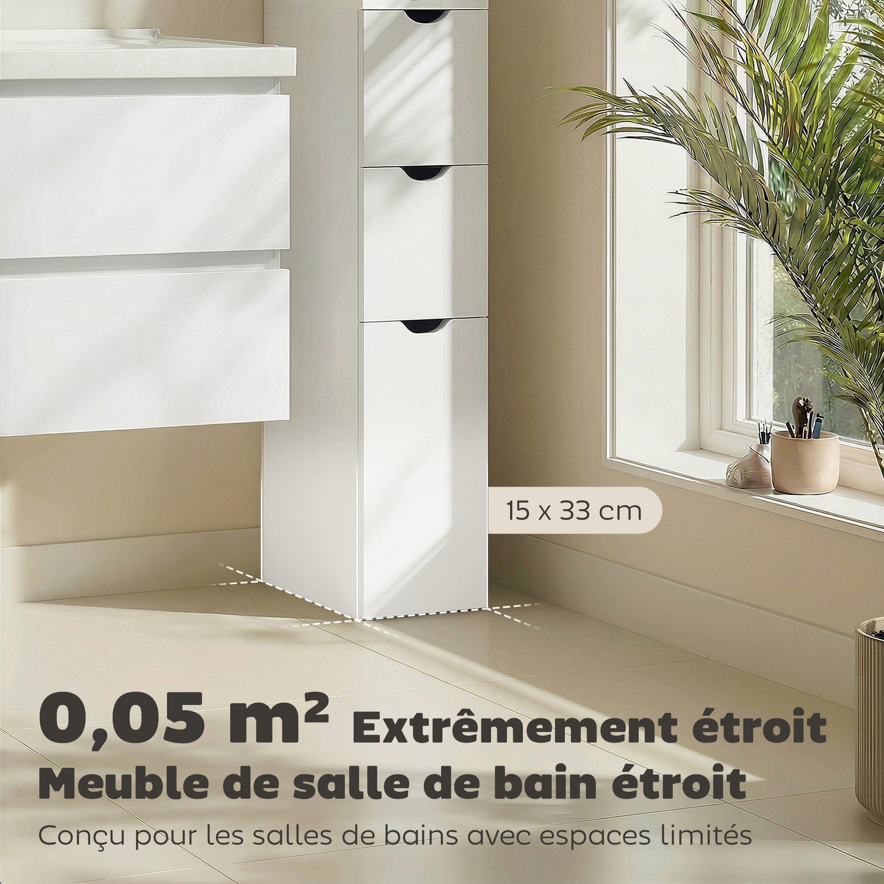 Meuble colonne salle de bain armoire de salle de bain avec tiroirs étagères ouvertes placard 15 x 33 x 136,8 cm blanc
